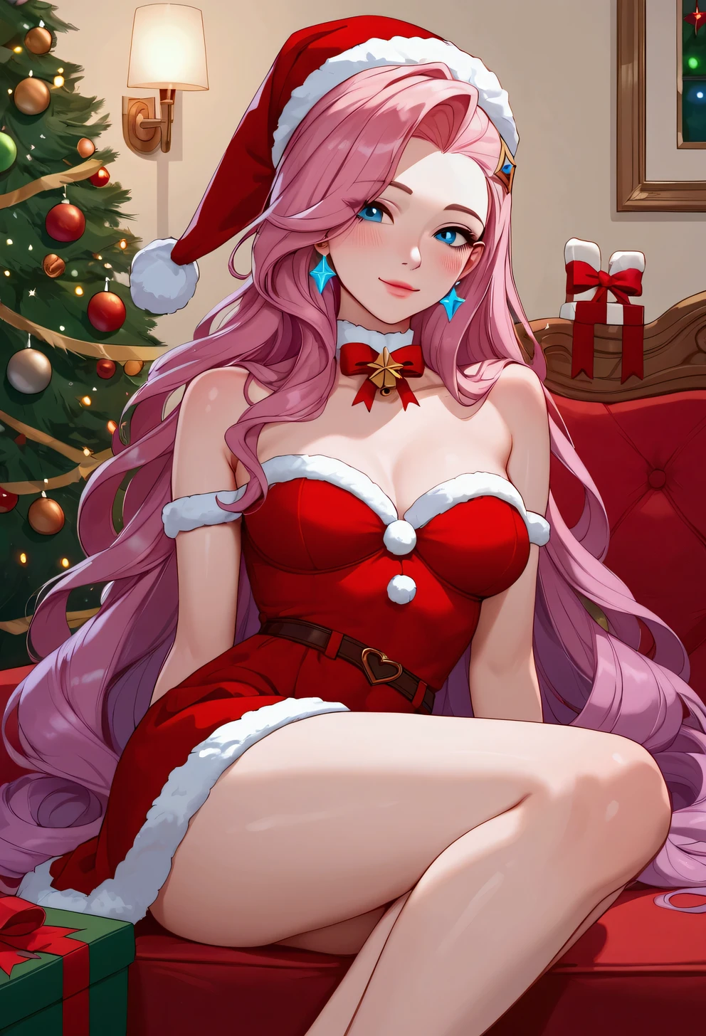 masterpiece,1girl, serina,pink_hair, gloves, black_gloves, fur_trim, hat, santa_costume, christmas, open_mouth, smile, bell, solo, red_headwear, pantyhose, white_background, pink_eyes, santa_hat,