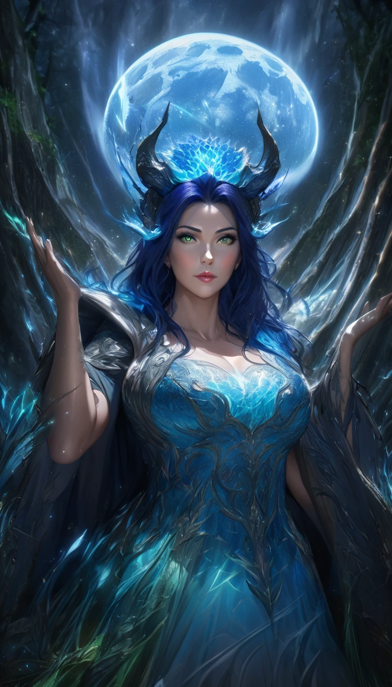 This character is a woman with a mystical aura, beautiful and mature. Her long, bright, shiny dark blue hair is combined with sharp shining green eyes. He has blue dragon horns on his head, giving off a magical impression, set in a beautiful dark forest with manhwa-style blue moon lighting, the image looks realistic