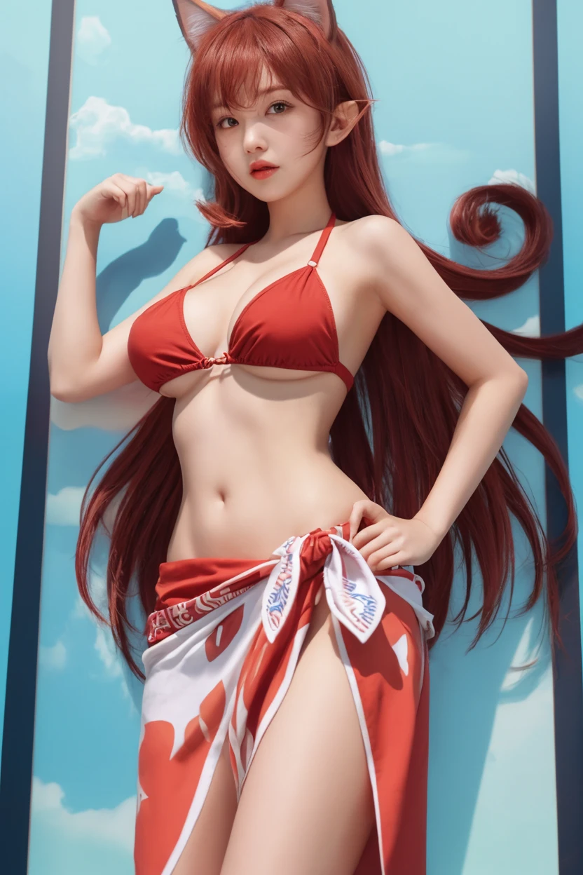Set in the one piece anime, long dark red hair in a ponytail, skinny, thin mini skirt, no panties, small tight form fitting bikini top, baseball bat, on a pirate ship, NSFW