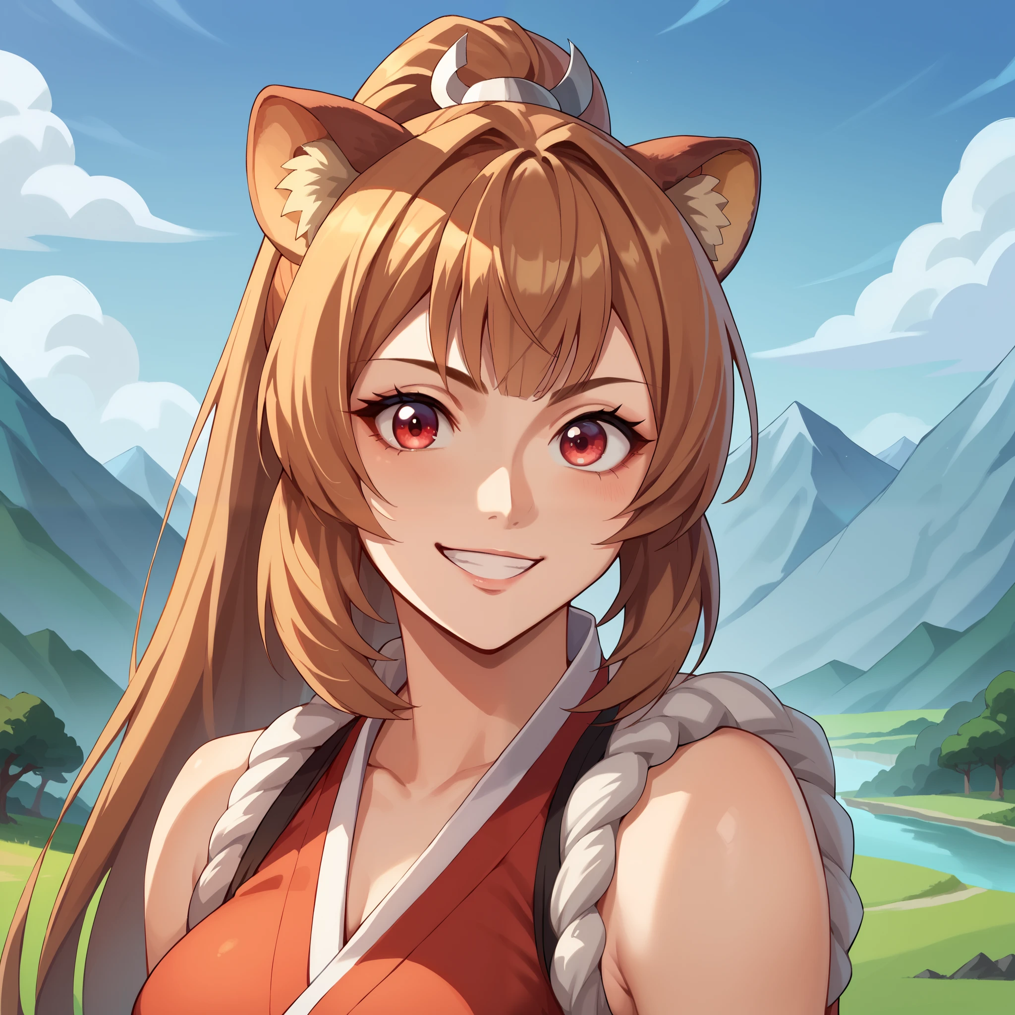 raphtalia,  light blond hair in ponytail, red eyes,  animal ears,  mischievous smile,  Big , ,Shiranui Mai low-cut clothing . neckline . cosplay Shiranui Mai .  mountains background .