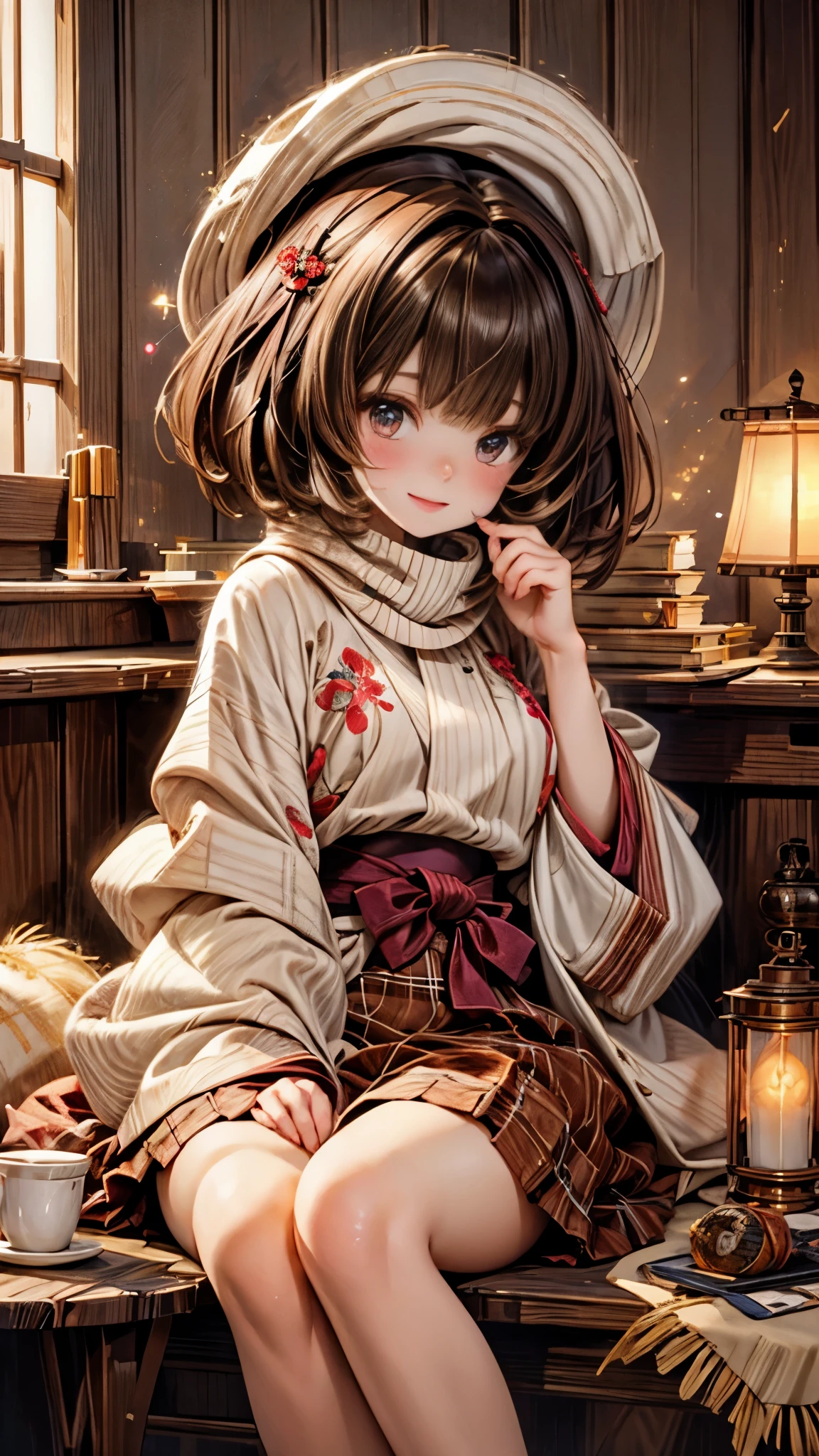 tmasterpiece、8K、32K、quality、(detailed eyes)、Long brown hair，colours，(A lovely Japanese woman、through bangs)、23years old、1 girl in、Elegant、(Detailed background depiction、Potrat:1.2)、(bob cuts:1.3)、(lamplight、Yuki:1.4)、(slalom:1.2)、(wool poncho、Plaid mini skirt、upper legs, upper legs, upper legs:1.2)，(face flushed、cheerful:1.4)、(Look from the bottom up:1.3)