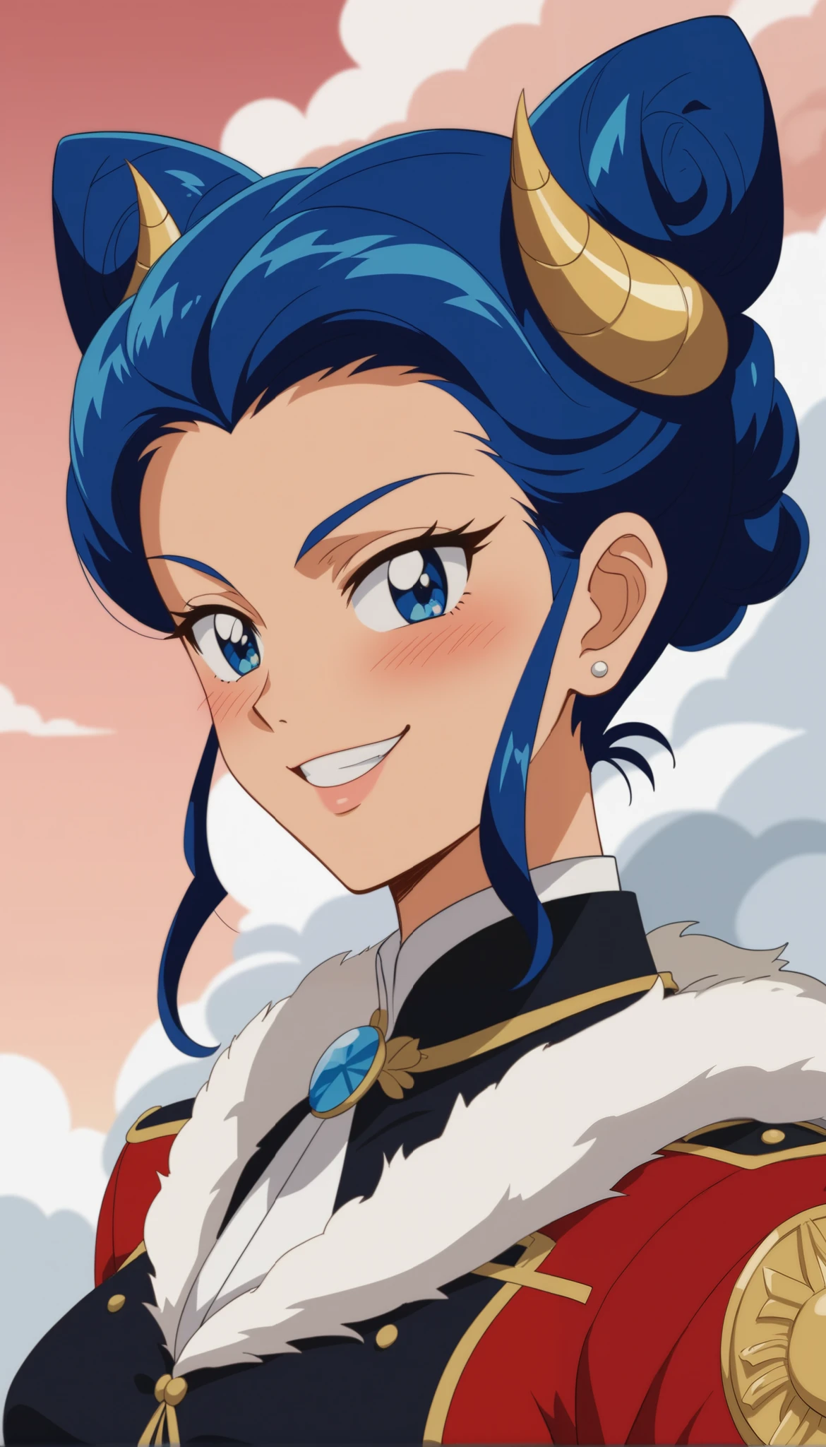 Young woman drawn in 80’s anime art style. 
Retro anime. Vintage Anime. Classical Anime. 
Black Blue HAIR
Cone Hair Bun Hair
She has perfectly Round and Circle eyes. 
Blue eyes and Medium Sized Eyebrows. 
She is Tan Woman.
She has Medium Breast
Small blush on cheek.
Evil Smile/ Smirk

She is wearing a japanese Touishou uniform.

The touishou was a winter ceremonial clothing worn by the Ryukyuan kings. The touishou was slightly modified from the clothing gifted by the Ming dynasty, and included unique Ryukyuan features, such as fringes at the back of the garment, while maintaining the style of Ming dynasty court clothing.

(Cloudy) (Sky) (Raindrops) (Rainy Sky)

(View from the Palace)

