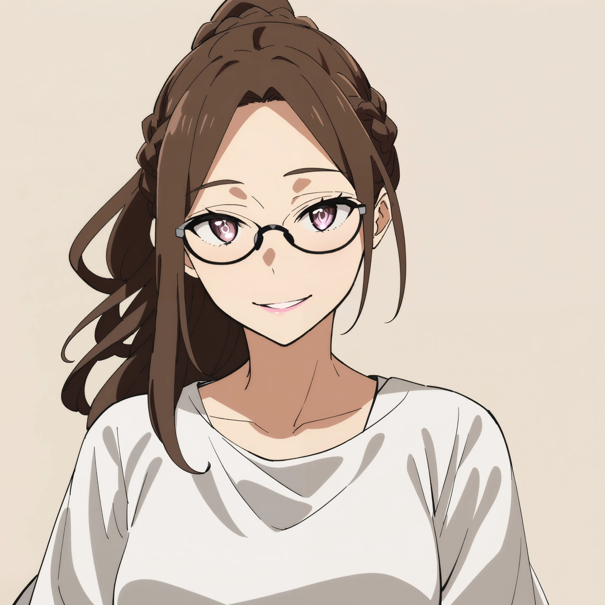 (high-quality, breathtaking),(expressive eyes, perfect face) 1girl, female, solo, adult age, mum vibe, Sword Art Online, Symmetrical Eyes, simple background, gentle smile, long hair, thin glasses, ponytail, braid, fluffy hair, modern outfit, SAO inspired, white summer dress, cowboy shot, medium full shot, pants, dark black brown hair, modern living room background, looking at viewer, elegant, soft lipstick, soft eyeshadow
