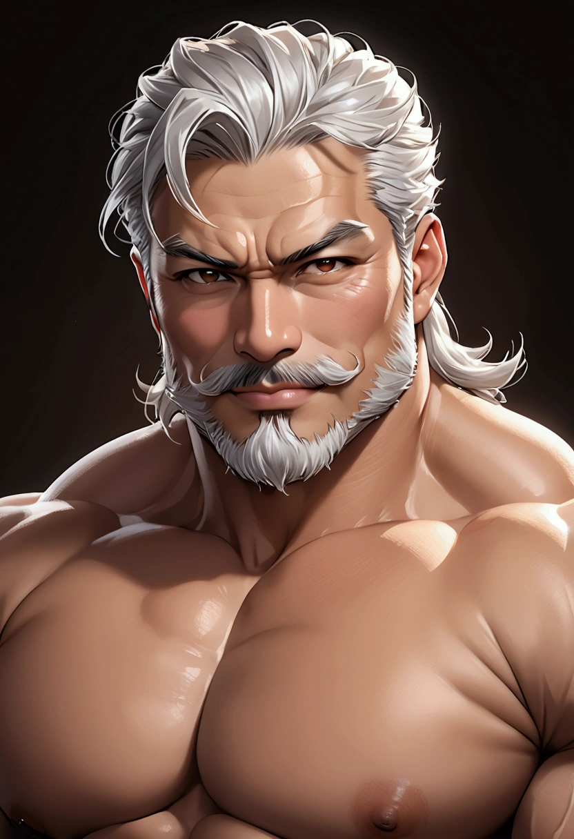 Ultra bulging muscular (Japanese daddy handsome hunk) , voluminous beautiful pecs realistic (aesthetic round chest separation), masterpiece image, (aesthetic bulging muscle), white goatee moustache, close up upper body (with subtle smile expression), white hair