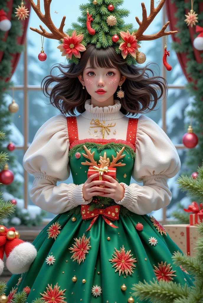  Beautiful girl wearing a Christmas tree dress，green and red puffy skirt，christmas tree hair，Deer makeup，