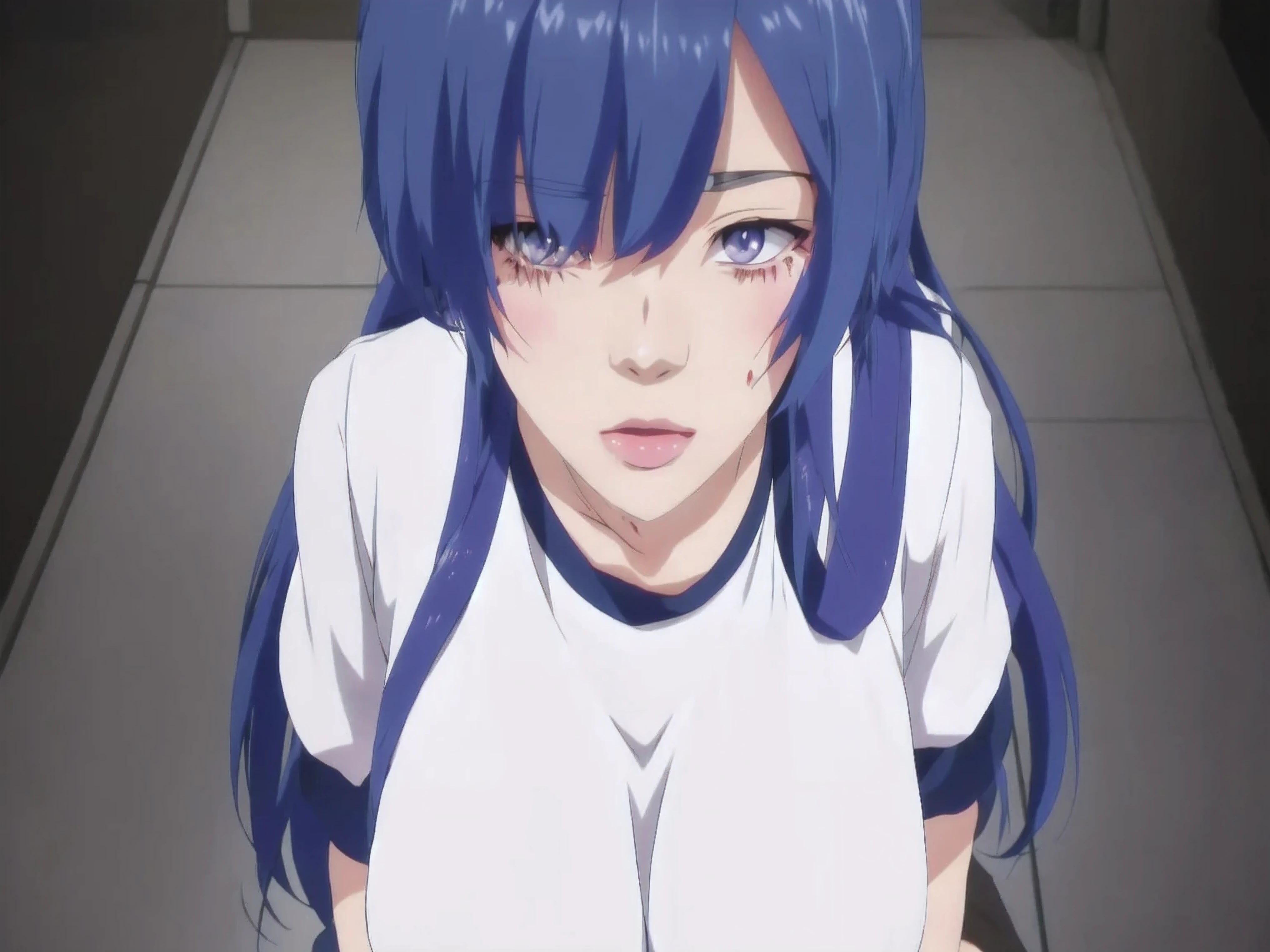 anime girl with blue hair and white shirt looking at camera, seductive anime girl, ikki tousen, the anime girl is crouching, anime girl named lucy, misato katsuragi, oppai, gapmoe yandere, cel shaded anime, yuyushiki, rei hiroe, ecchi anime style, anime opening, anime moe artstyle, anime screenshot