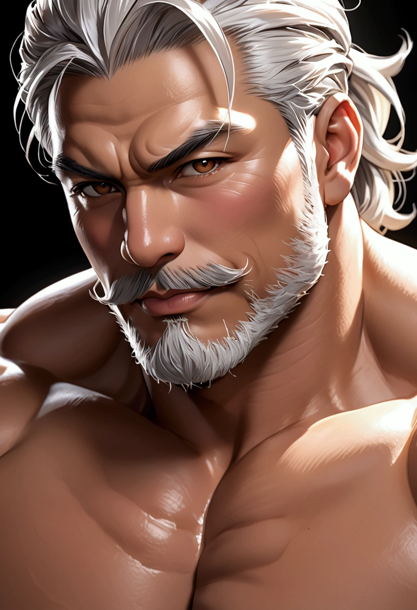 Ultra bulging muscular (Japanese daddy handsome hunk) , voluminous beautiful pecs realistic (aesthetic round chest separation), masterpiece image, (aesthetic bulging muscle), white goatee moustache, close up upper body (with subtle smile expression), white hair