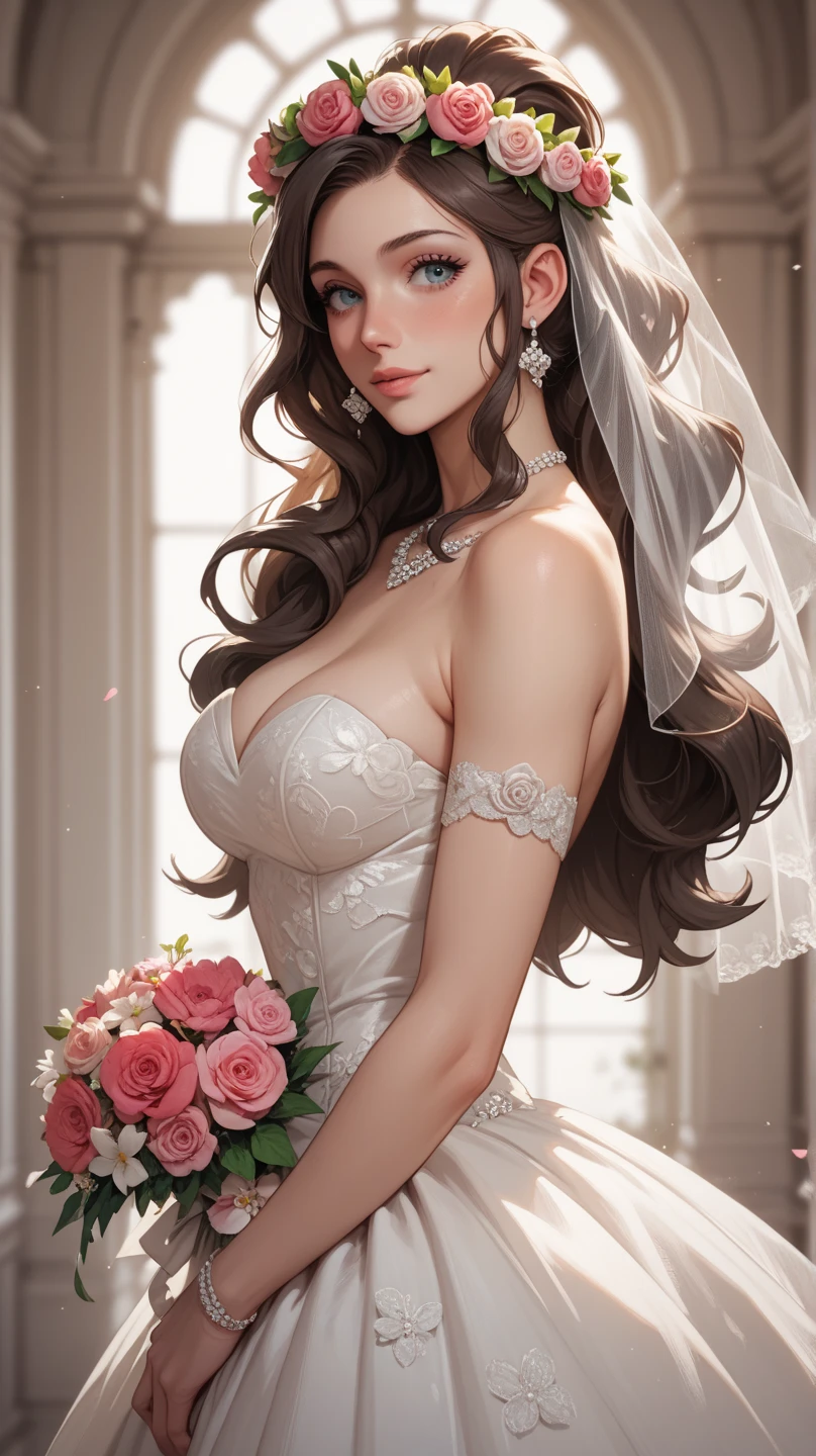 (masterpiece:1.5), (((top quality, best quality, high quality))), ((intricately detailed, ultra-detailed, insanely detailed)), highres, 32K, extremely detailed unity CG 8K wallpaper, (beautiful and aesthetic:1.2),, (depth of field:1.3), (immaculate:1.3), (delicate detailed depiction:1.4), (photorealistic:1.4), (hyperrealism:1.3),
(((brilliant full lighting, luscious vibrant colors))),  (ambient volumetric backlighting:1.5), (illustration of an immensely beautiful woman:1.3),
(upper body:1.4), (close-up portrait:1.4), (perfectly centered:1.4), (((dynamic pose, cinematic angle))),
(1girl:1.5), (solo:1.4), (happy bride:1.4),
beautiful gorgeous face, [(detailed face:1.2):0.2], bright eyes, pureerosface_v1, ulzzang-6500-v1.1, (red lips:1.4), (full lips:1.4), (light_smile:1.4),
attractive flawless body, (((pronounced feminine curves))), bright glistening skin, realistic skin, skin pores, (voluptuous:1.5), (((soft belly, navel, groin:1.3))), narrow waist, (huge breasts:1.5), (sideboob:1.5),
<lora:Outfit_RoseCouture:0.75>, (sparkling exquisite velvety satin:1.3), (explicit bridal wedding dress:1.5), (ornate glittering big puffy ballgown:1.5), (ornate bridal bodice:1.5), (((bridal veil, bridal gauntlets, bridal stockings))), (long sleeves:1.4), (((gems-adorned collar))), (fabrication glitters:1.5), (luxury intricate clothing jewelries:1.5), (jeweled embroideries:1.4), (clothing sparkles:1.4), (sparkling particles:1.3), (((sagging front seam, sagging hind seam))), (((earrings, armlets, pearl necklace, bows))), 
(walking:1.5), (in a large hall filled with multicolor roses:1.5), (noon:1.5), (dome made of roses arches:1.5), (blindingly brilliant natural light:1.5), (surreal delicate background:1.5), (intricate complex scene:1.4), (mesmerizing atmosphere:1.3), (breathtaking scenery:1.3), <lora:detail_slider_v4:1.8>, <lora:PerfectFullBreasts-fCV3.5:1>, <lora:naughty_to_nice_v2.5:1.5>