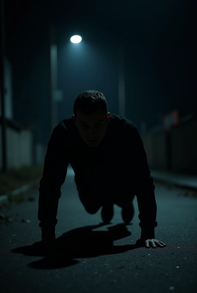 Doing push-ups on a dark night in a black sweater