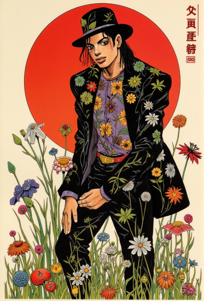 In a strikingly intricate traditional art style reminiscent of Hirohiko Araki, 
lMichael Jackson, Michael Jackson, squinted eyes, black coat, black flowery coat, full body, whole body, weird pose, bizarre pose