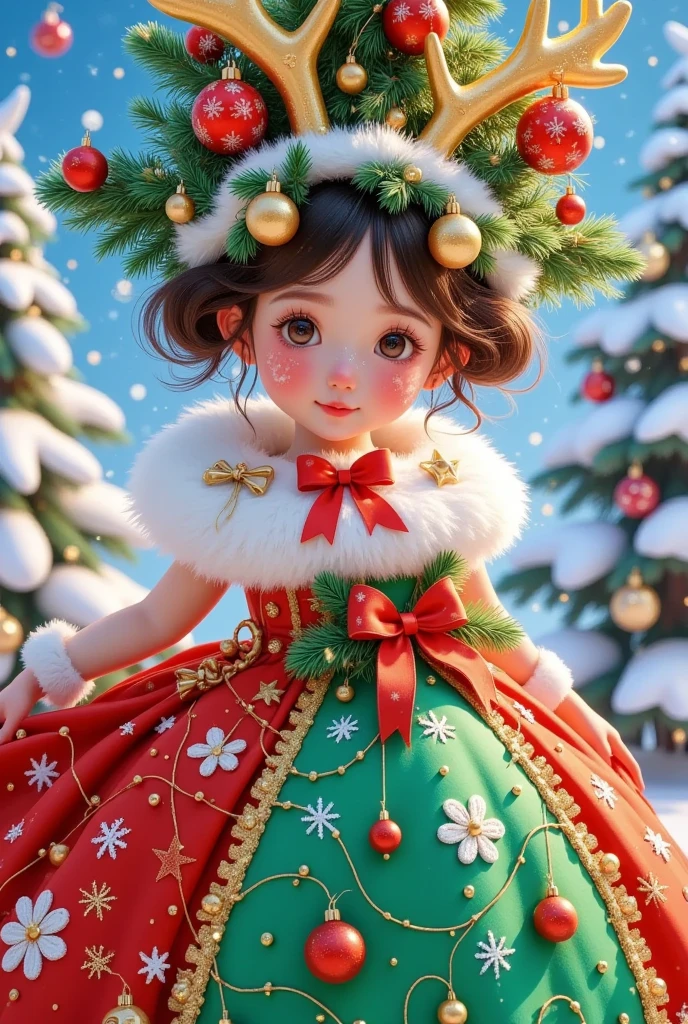  Beautiful girl wearing a Christmas tree dress，green and red puffy skirt，christmas tree hair，Deer makeup，