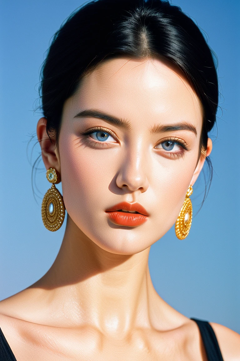  in 1997,bust， Fashion photography of a beautiful model in designer clothes ,  Black Hair, High cheekbones,  blue eyes , Light eyes, Natural Beauty, Oval face, earrings,  clearly focused,   super high resolution ,  Skin Details , cosmetic, 