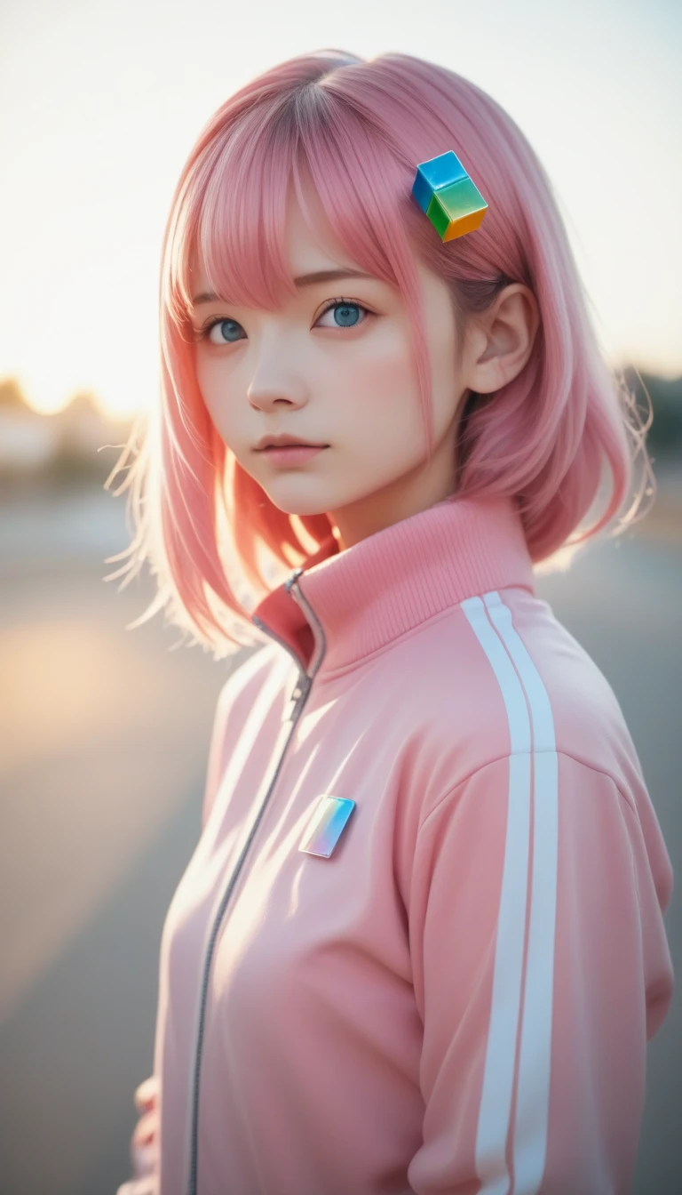 Cold girl,   RAW photo , Portrait of Shays  , (  pink hair) , gotou,    hair ornament   , cube    hair ornament   ,   track jacket  ,  (  high definition skin:1.2),   8K ultra HD ,    can be done by looking at a DSLR camera  。,   soft lighting  ,   High Quality  ,   film grain  ,   Fujifilm XT3