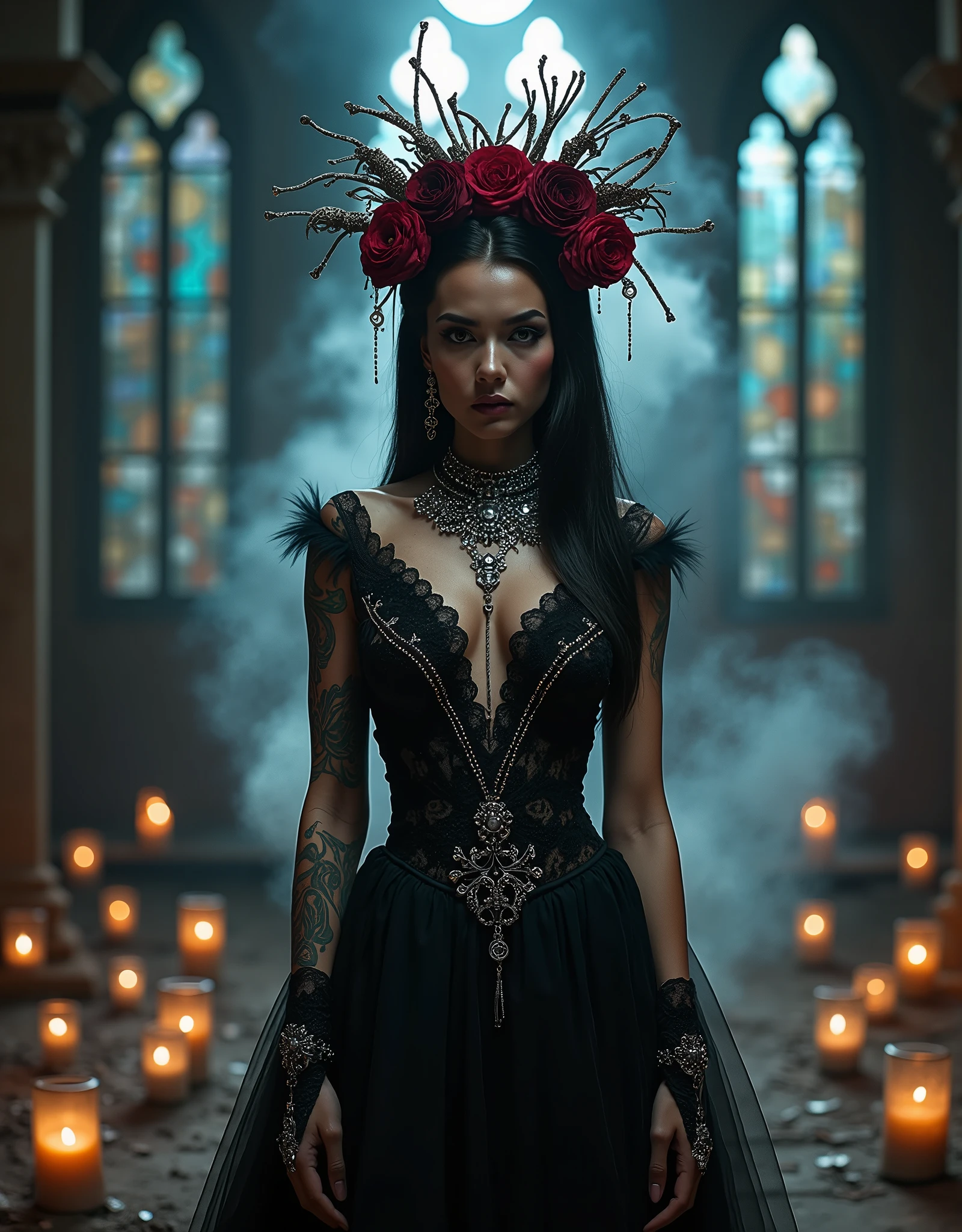 A beautiful tanned woman standing tall and confident with pronounced overwhelming gothic toned facial features and deep red lips, wearing a large gothic ornate headdress that resembles spiraled ram's horns. They wear oversized, elaborate goggles that look like they are made of colorful, translucent crystals, reflecting the nebulous scene of colors. Her body is full of beautiful Irezumi tattoos. The woman is dressed in dark, gothic attire giving them an overwhelming gothic look. The background is nebulous psychedelic chaotic scenery of vibrant colors in a Renaissance setting