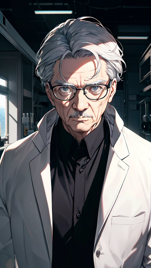 ((benevolent)), 1 man, (upper body), , ((forehead)), (grey hair), (white coat), cinematic lighting, dramatic lighting, sharp focus, (best quality, masterpiece, detailed), (in lab), researcher, glasses, [old man, elderly] white mask, no face, round glasses