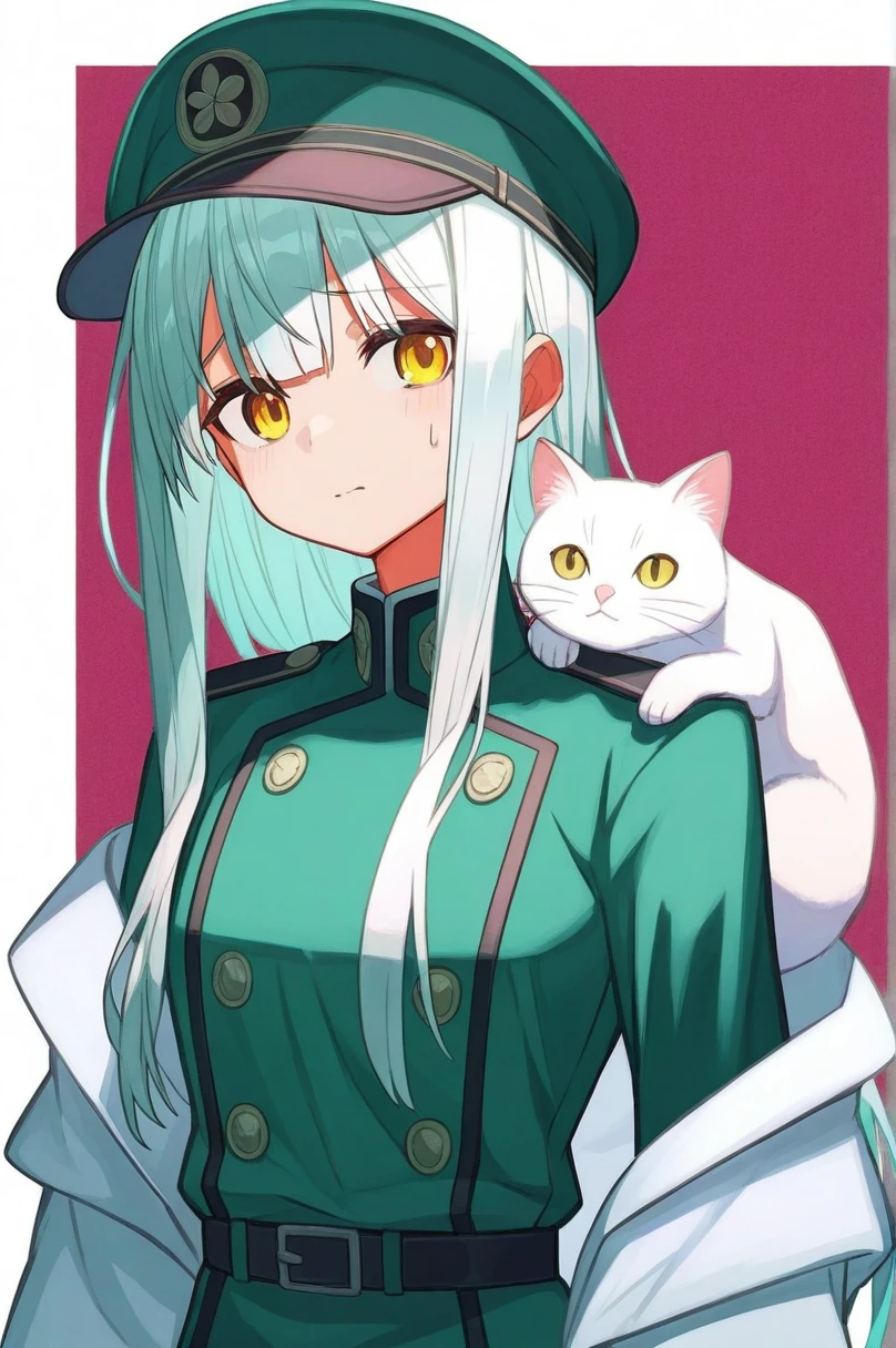  top quality、 Masterpiece、 high image quality、 Intricate Details、 One Girl 、White Hair、 long hair on background、uniform、Dark green clothes、 Another World、Mysterious、 yellow eyes、 quiet 、Lack of confidence、in trouble、hat、Put a white cat on your shoulder 、hat、 Dark Green 、 long hair on background、 troubled face、Worried brow、White Cat on Your Shoulder 、put a white cat on your shoulder