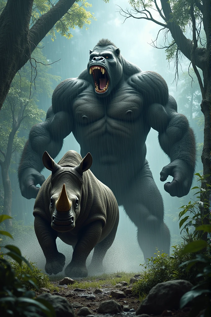 (Lara Croft, nude, large breasts, sparse pubic hair) full body, seductive smile, standing beside one huge male furry gorilla with gorilla penis in ancient ruins in the jungle