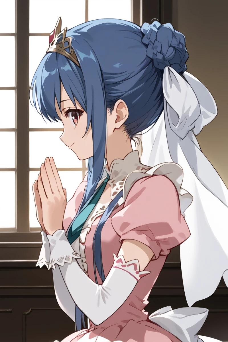 score_9, score_8_up, score_7_up, score_6_up,
 tamao, miator, 1girl, solo, blue hair, profile, upper body, sidelocks, braid, window, hair bun, ribbon, hair ribbon, pink princess dress, ribbon, lace, bow, frills, layered dress,  elbow gloves, tiara, palace setting, smiling at viewer, source_anime, (masterpiece), best quality, expressive eyes, perfect face, good hands, best hands, detailed, high quality, high resolution. 8k