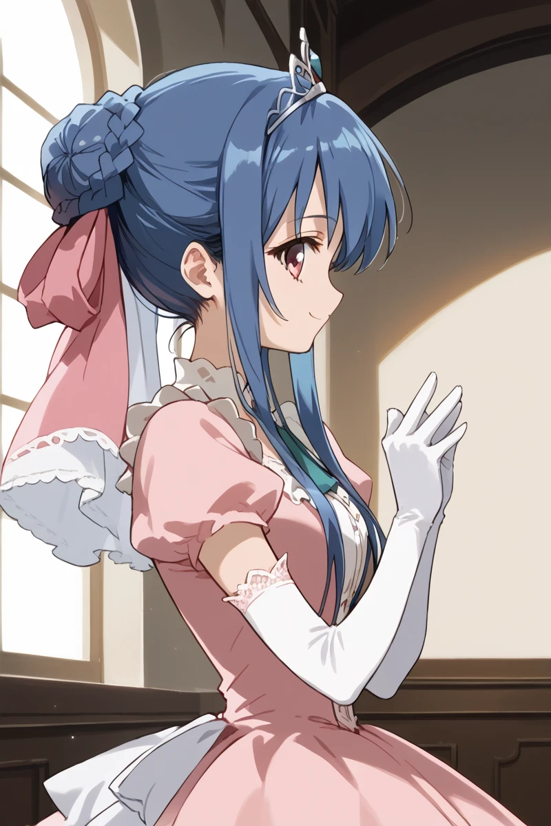 score_9, score_8_up, score_7_up, score_6_up,
 tamao, miator, 1girl, solo, blue hair, profile, upper body, sidelocks, braid, window, hair bun, ribbon, hair ribbon, pink princess dress, ribbon, lace, bow, frills, layered dress,  elbow gloves, tiara, palace setting, smiling at viewer, source_anime, (masterpiece), best quality, expressive eyes, perfect face, good hands, best hands, detailed, high quality, high resolution. 8k