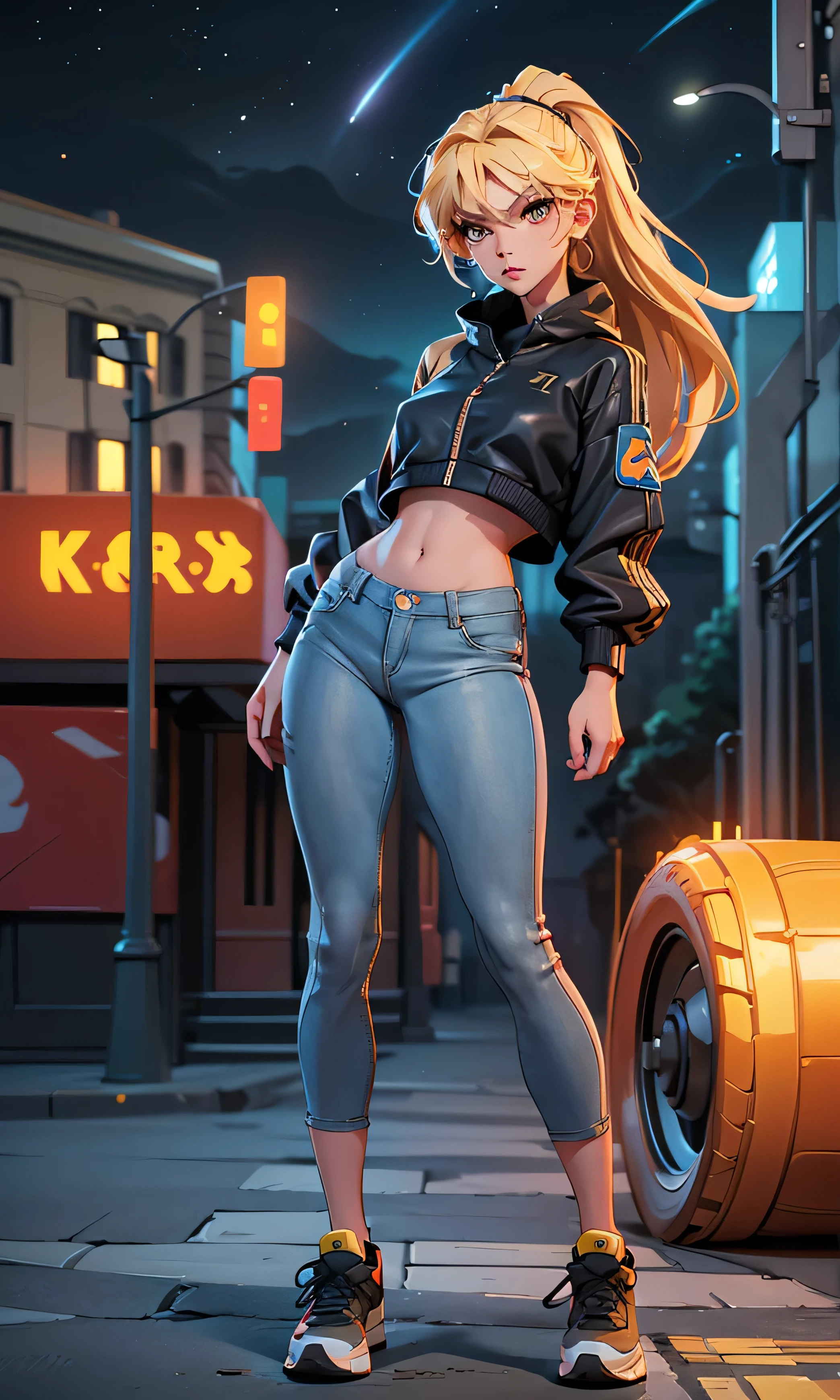  Masterpiece, 1 girl, beautiful, slim, head on,  watching the spectator,  long hair ,  blond hair , brown eyes,  arched eyebrows ,  full body ,  pretty legs, abdomen plano, Kpop outfit , top corto color azul, pantalón cropped color negro,  sports shoes , (((desnuda))), on the street, dark sky, Danger Zone , 