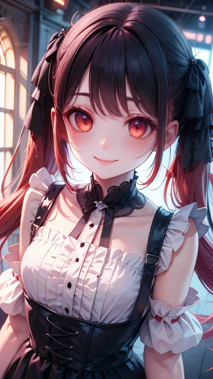 top quality, masterpiece,  black hair, red eyes, Look up,  upper body, Cute,  frill shirt , smile,Red Hair,white,Cang,black, blush,  Twin Tails , Bangs, 