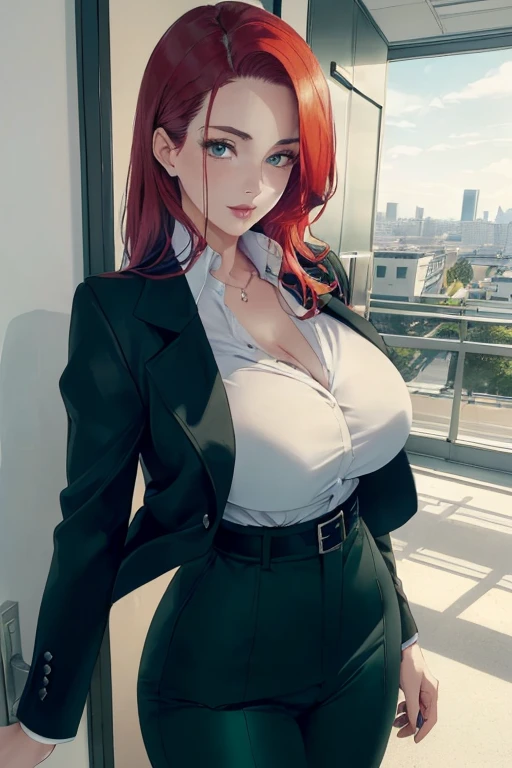 (best quality:1.5, highres, UHD, 4K, detailed lighting, shaders), white and red haired, gradient hair, large breasts, suit, gray shirt, social shirt, short skirt, mature woman , (pov), white background, colorful eyeshadow, dramatic lighting, sparkling eyes, sensual expression, golden earrings, flowing hair, delicate facial features, dark skin, high cheekbones, raining, urban setting, white background, dont look for the camera, lean forward, wet  by the rain.