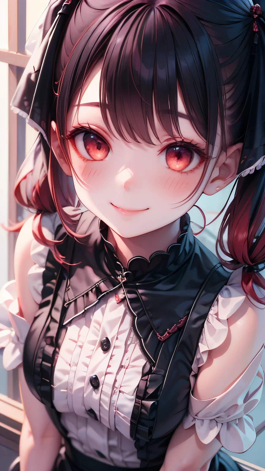 top quality, masterpiece,  black hair, red eyes, Look up,  upper body, Cute,  frill shirt , smile,Red Hair,white,Cang,black, blush,  Twin Tails , Bangs, 