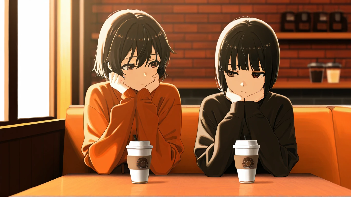 a cute young woman with black bob hair, brown eyes, deep in thought, sitting at a table in a cozy café, drinking a up of hot coffee. The café has wooden furniture and soft lighting. masterpiece, high quality.
