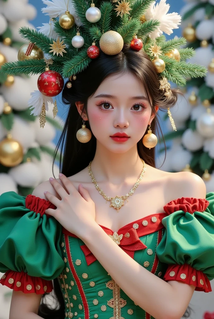  Beautiful girl wearing a Christmas tree dress，green and red puffy skirt，christmas tree hair，