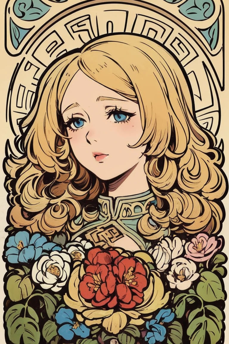 masterpiece, Art Deco,  Portrait of a European Woman's Face, long curly hair,  blonde alone, flowerのフレーム, Decorative panel, Alphonse Mucha (masterpiece,  top quality,  high definition : 1.4),   Details,   intricate details , 4K,  color splash , flower, (orgasm:1.2)