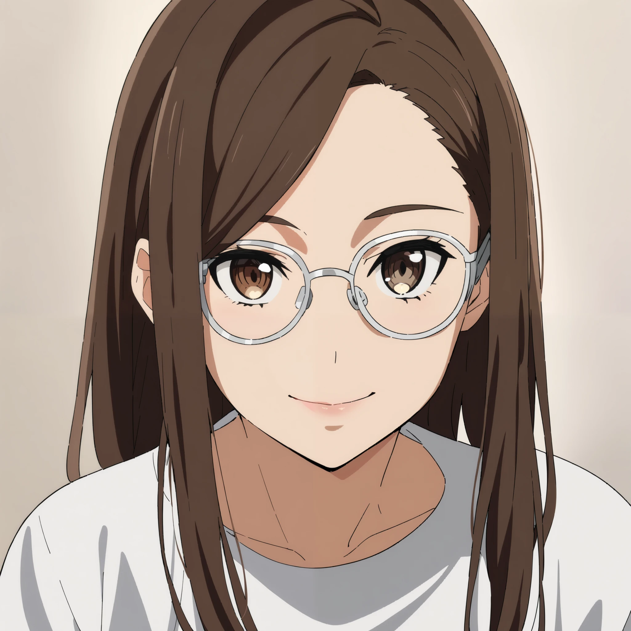 (high-quality, breathtaking),(expressive eyes, perfect face) 1girl, female, solo, adult age, mum vibe, Sword Art Online, Symmetrical Eyes, simple background, gentle smile, long hair, thin glasses, fluffy hair, modern outfit, white summer dress, hair inbetween eyes, side bangs, cowboy shot, medium full shot, dark black brown hair, modern living room background, looking at viewer, elegant, soft lipstick, soft eyeshadow, 
