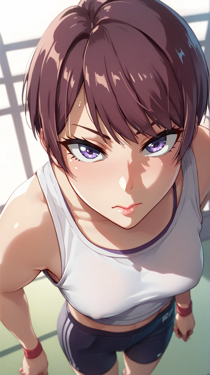       score_9,       score_8_above,       score_7_above,       score_6_above,   ESTILO TAKEDA HIROMITSU ,  a girl,   Big Tits,     tall details,        The Best Quality       ,     Anatomically Correct,     short hair ,     Closed mouth    , gym warehouse  ,  provocative tight clothing 