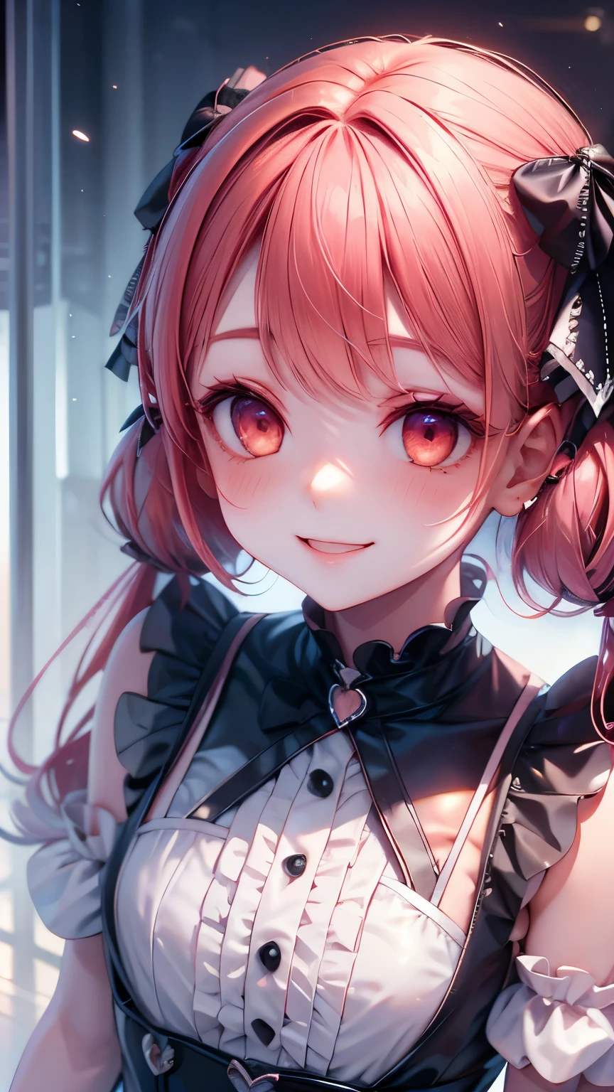 top quality, masterpiece,  black hair, red eyes, Look up,  upper body, Cute,  frill shirt , smile,Red Hair,white,Cang,black, blush,  Twin Tails , Bangs, 