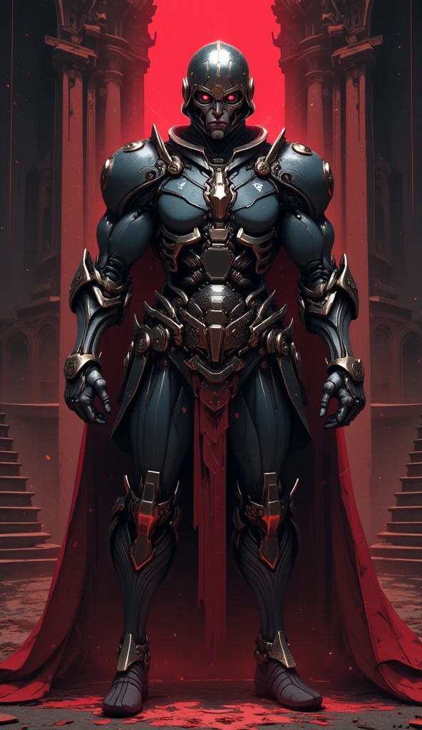  is possessed by a demon, a holy knight commander.A full-body image of an adult male . muscular body .Wear the Holy Knight's Armor. Eyes Deep Red . standing inside a mysterious black and red church.Bold composition 