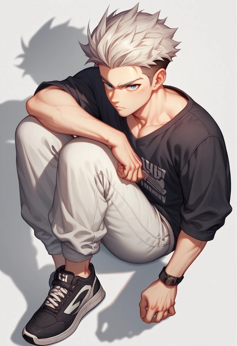 Strong young boy ,  wearing a slightly glued black training shirt , He wears white Toji style pants , and black sneakers ,  his hair is long short and covers part of his face 