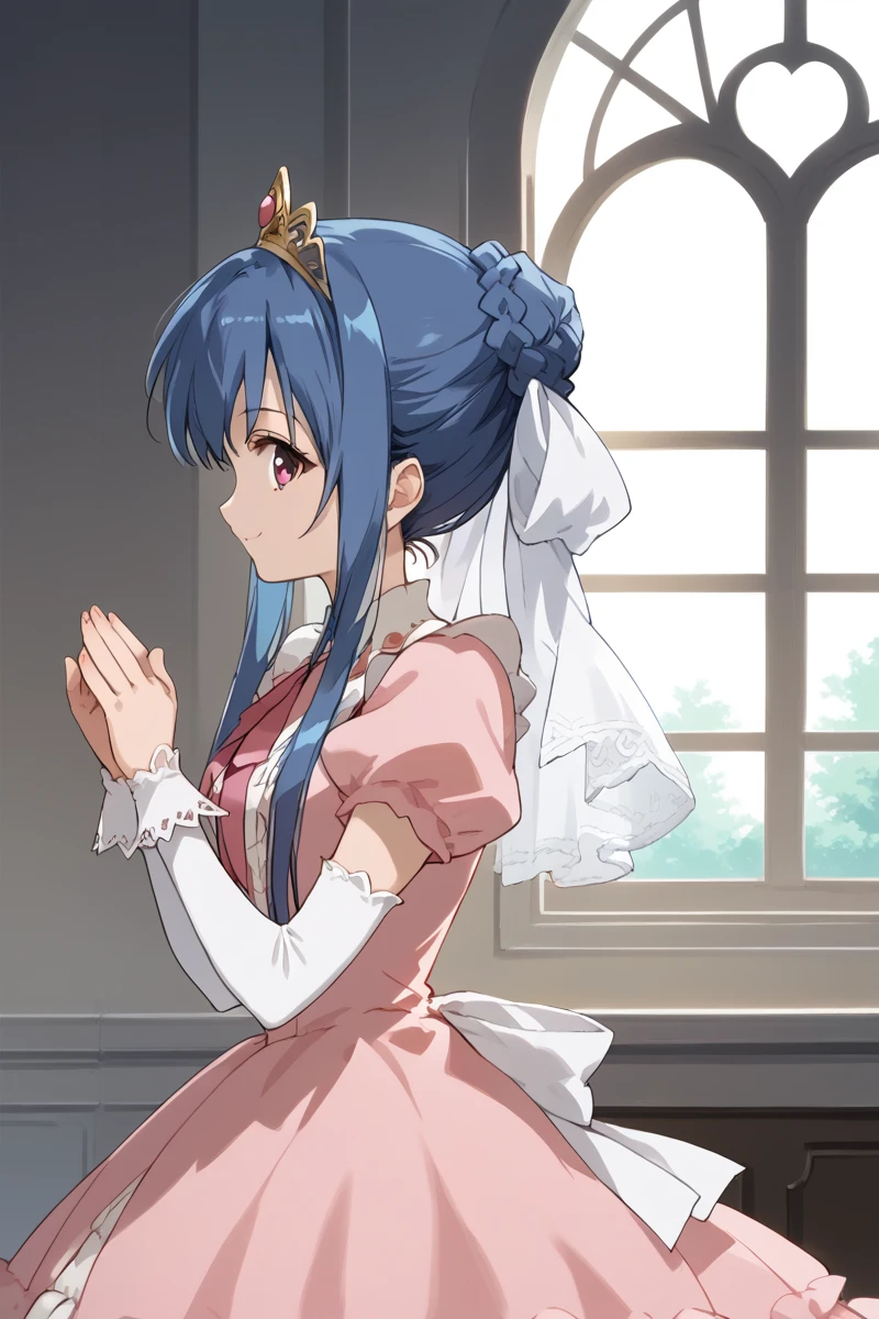 score_9, score_8_up, score_7_up, score_6_up,
 tamao, miator, 1girl, solo, blue hair, profile, upper body, sidelocks, braid, window, hair bun, ribbon, hair ribbon, pink princess dress, ribbon, lace, bow, frills, layered dress,  elbow gloves, tiara, palace setting, smiling at viewer, (FACING VIEWER), source_anime, (masterpiece), best quality, expressive eyes, perfect face, good hands, best hands, detailed, high quality, high resolution. 8k