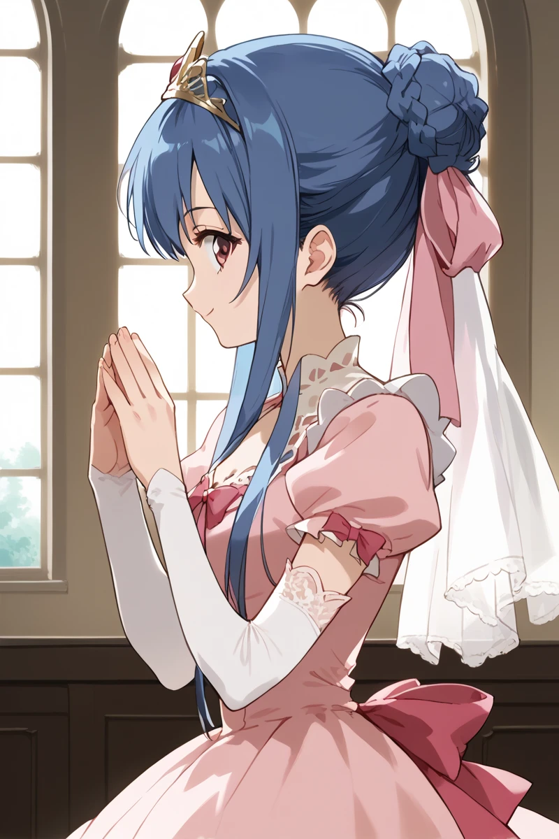 score_9, score_8_up, score_7_up, score_6_up,
 tamao, miator, 1girl, solo, blue hair, profile, upper body, sidelocks, braid, window, hair bun, ribbon, hair ribbon, pink princess dress, ribbon, lace, bow, frills, layered dress,  elbow gloves, tiara, palace setting, smiling at viewer, (FACING VIEWER), source_anime, (masterpiece), best quality, expressive eyes, perfect face, good hands, best hands, detailed, high quality, high resolution. 8k