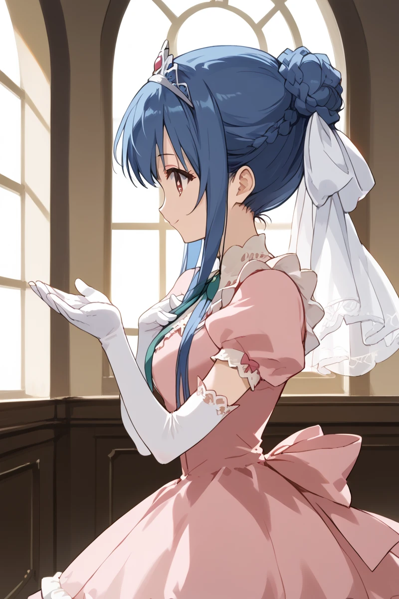 score_9, score_8_up, score_7_up, score_6_up,
 tamao, miator, 1girl, solo, blue hair, profile, upper body, sidelocks, braid, window, hair bun, ribbon, hair ribbon, pink princess dress, ribbon, lace, bow, frills, layered dress,  elbow gloves, tiara, palace setting, smiling at viewer, (FACING VIEWER), source_anime, (masterpiece), best quality, expressive eyes, perfect face, good hands, best hands, detailed, high quality, high resolution. 8k