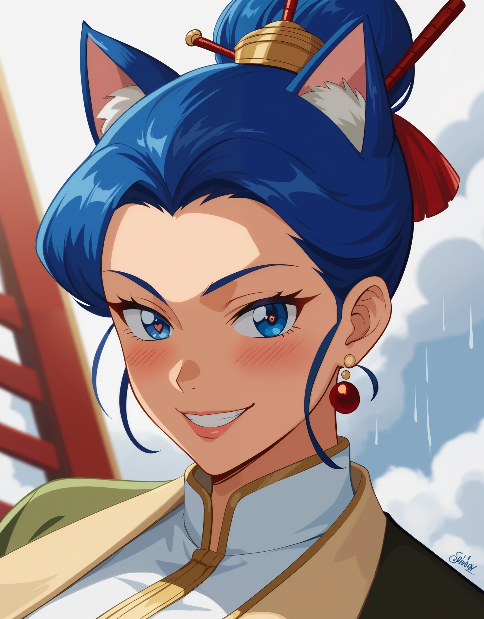 Young woman drawn in 80’s anime art style. 
Retro anime. Vintage Anime. Classical Anime. 
Black Blue HAIR
Cone Hair Bun Hair
She has perfectly Round and Circle eyes. 
Blue eyes and Medium Sized Eyebrows. 
She is Tan Woman.
She has Medium Breast
Small blush on cheek.
Evil Smile/ Smirk

She is wearing a japanese Touishou clothing.

The touishou was a winter ceremonial clothing worn by the Ryukyuan kings. The touishou was slightly modified from the clothing gifted by the Ming dynasty, and included unique Ryukyuan features, such as fringes at the back of the garment, while maintaining the style of Ming dynasty court clothing.

(Cloudy) (Sky) (Raindrops) (Rainy Sky)

(View from the Palace)

