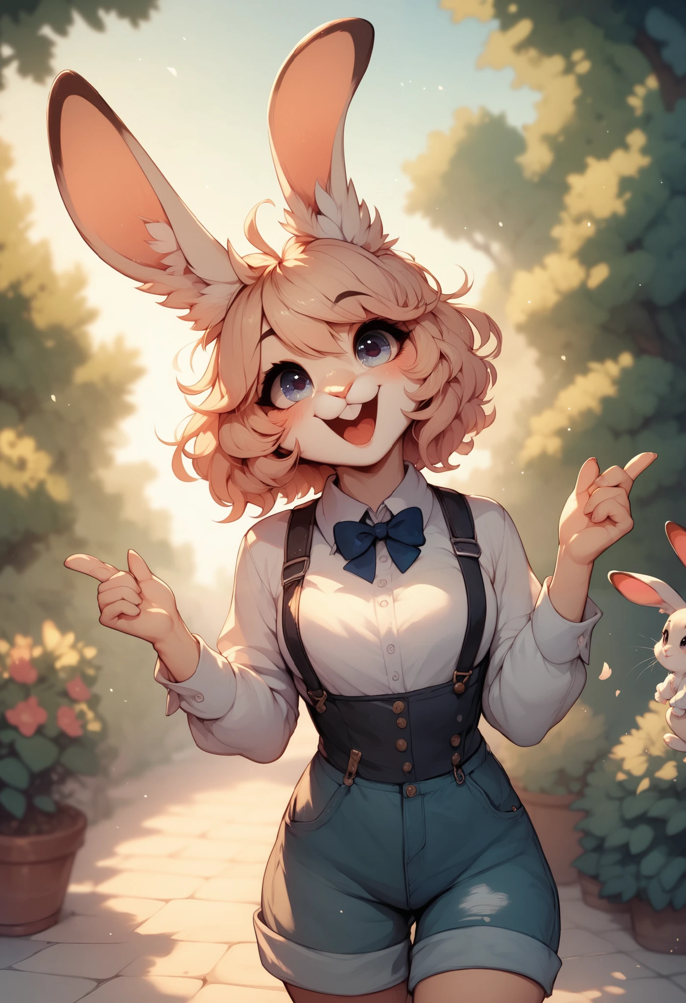 A hare is standing with an expression of happiness and joy