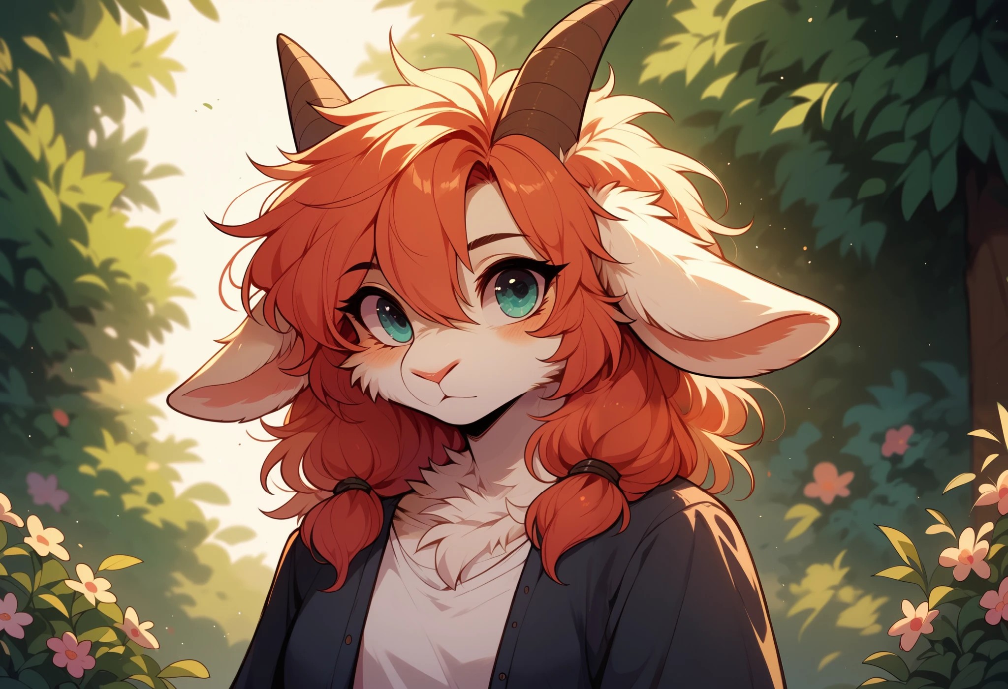 score 9, score 8 up, 1girl, masterpiece, megafluffypony, fluffy, furry, Goat, medium shot, outdoors, clothes