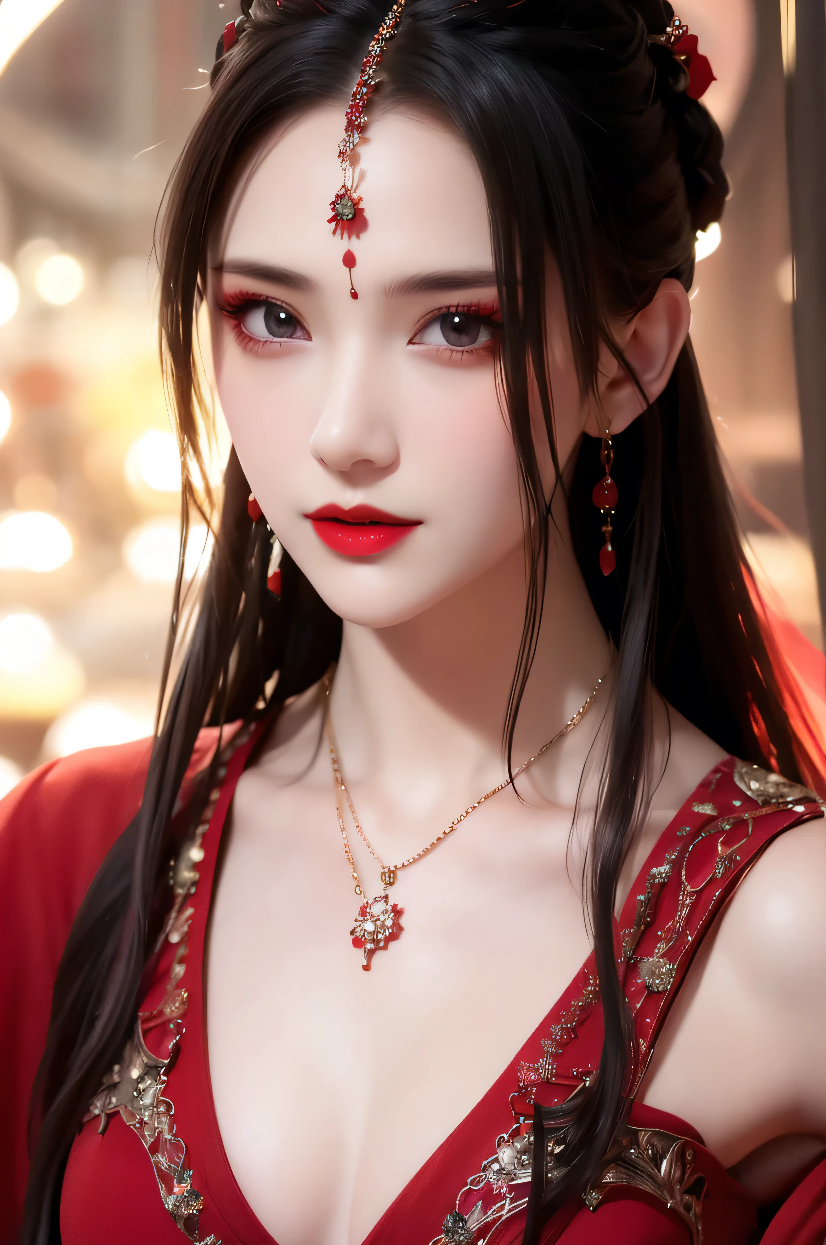 best quality, masterpiece, highres, official art, extremely detailed cg unity 8k wallpaper, jiapliqiao, 1girl, long hair, 1girl, jewelry, solo, earrings, red lips, hair ornament, makeup, realistic, red dress, necklace, full body