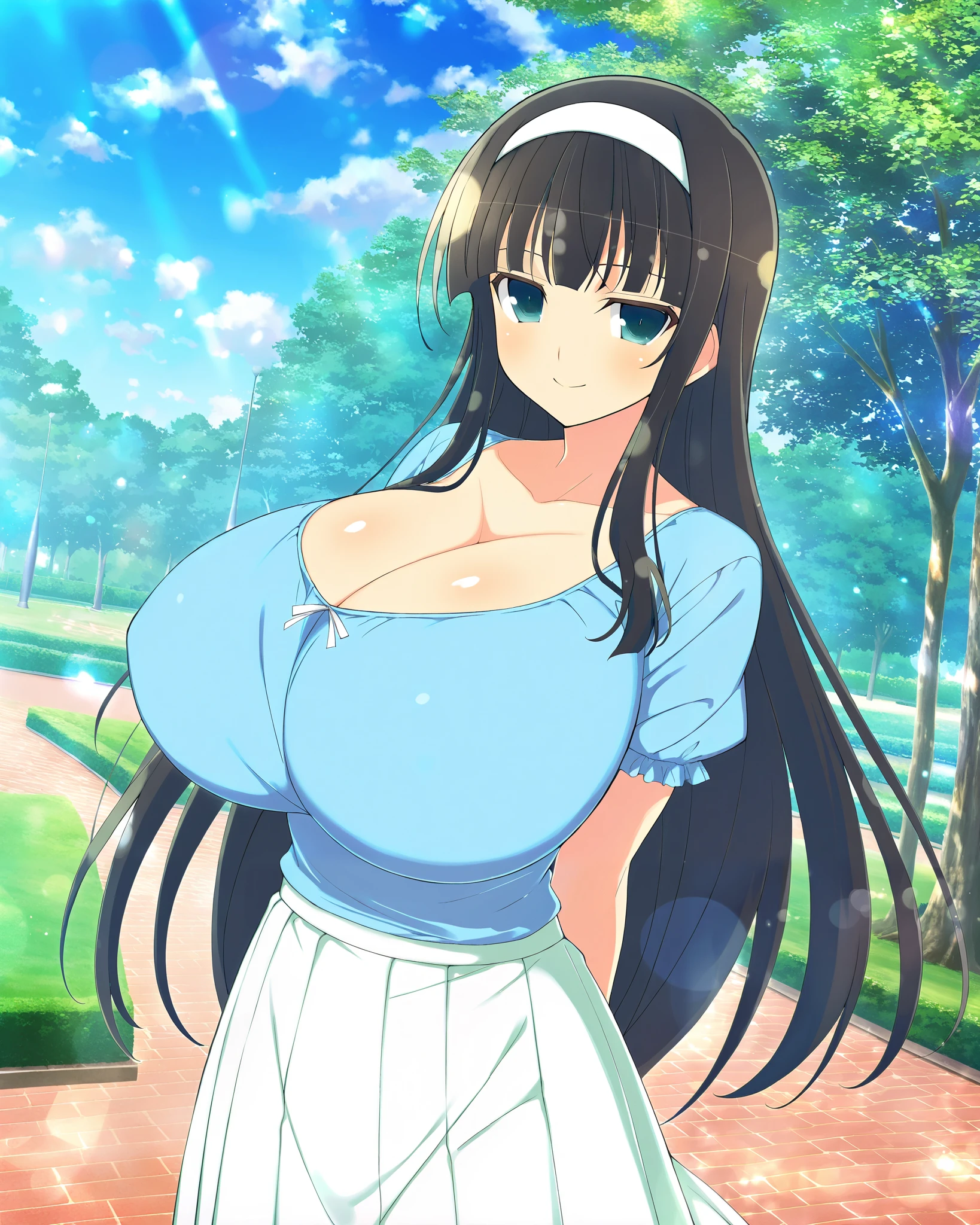 masterpiece, best quality, anime art style, Official Art, yaegashi nan(artist), perfect eyes, detailed eyes, perfect face, perfect hair, detailed hair, beautiful character design, 1 girl, alone, Ikaruga (Senran Kagura New Link), black hair, blunt bangs, hime cut, blue eyes, black pupils, white hairband, sweet smile, standing, arms behind back, looking at viewer, slim body, cowboy shot, gigantic breasts, cleavage, short sleeves, scoop neck shirt, blue shirt, pleated white skirt, long skirt, outdoors, at the park