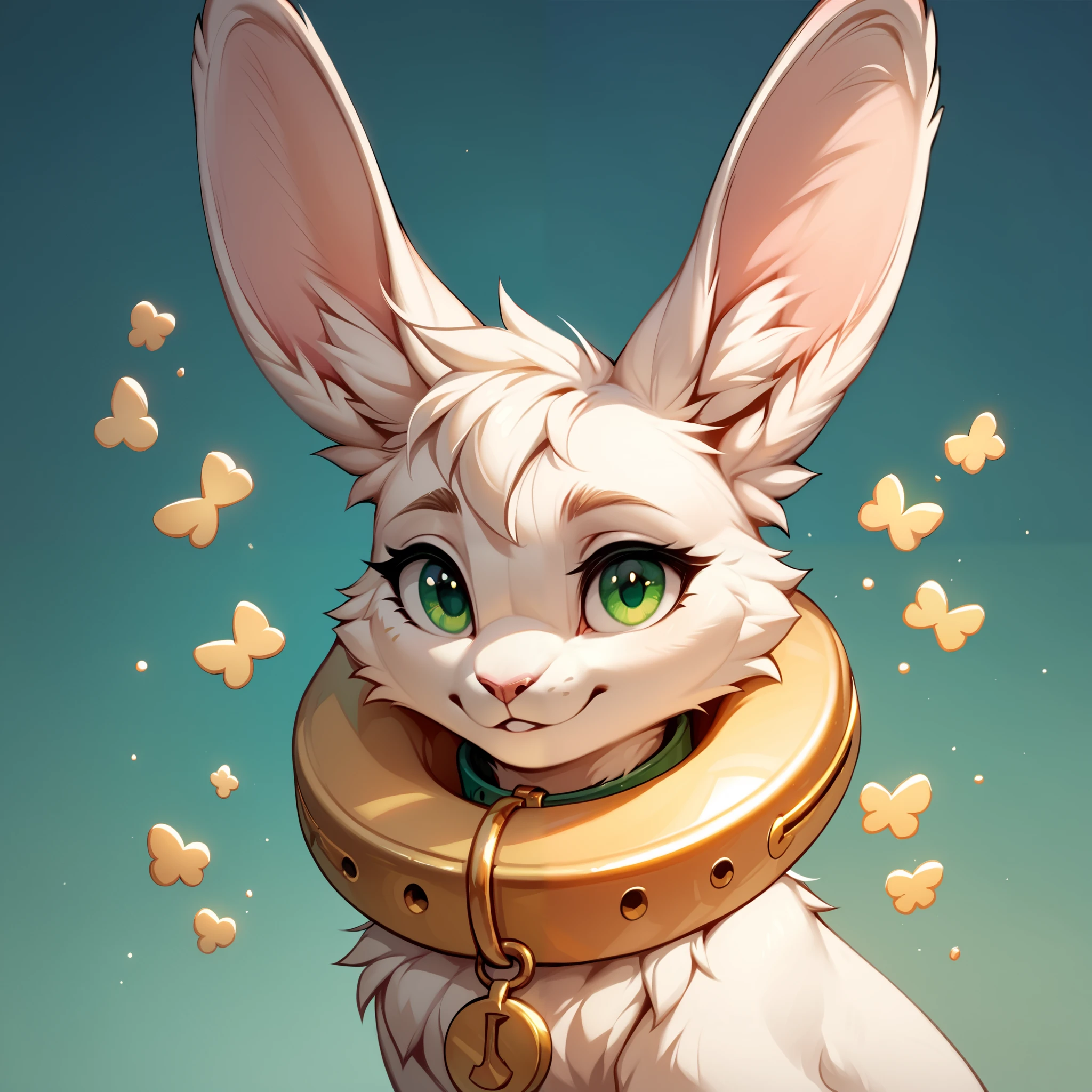 score_9, score_8_up, score_7_up, score_6_up, score_5_up, no humans, rating_safe, white-yellow furred buneary with lop ears and fluff, green eyes, and a giant oversized golden collar with symbols around neck, soft light background