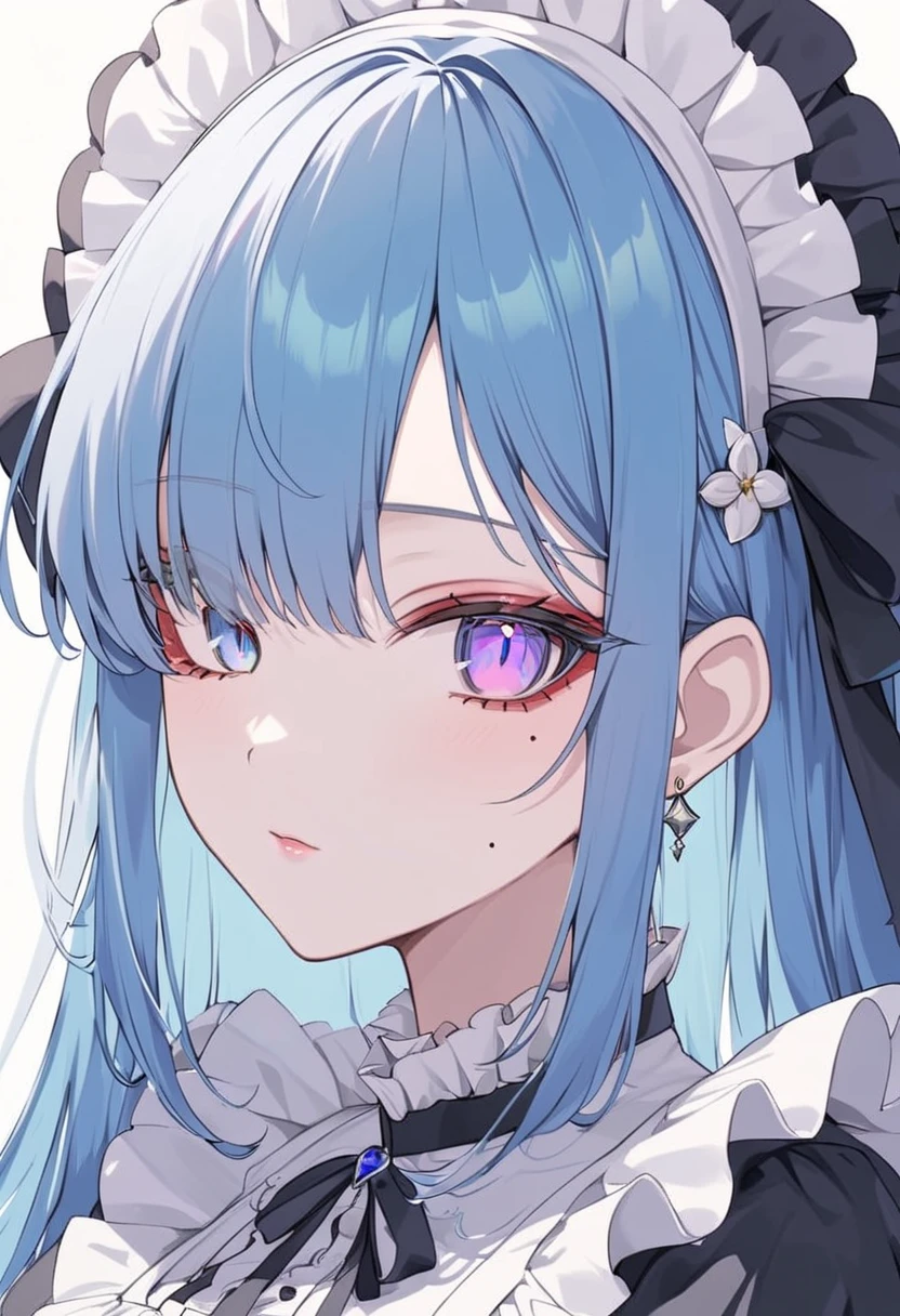 1 girl, beautiful anime girl, long hair, celeste hair, long eyelashes, ((heterothromic eyes, blue left eye, yellow right eye)), light skin, mole on cheek, red eyeliner, black dress with white fluff, ultra detailed, beautiful, big breasts, maid.