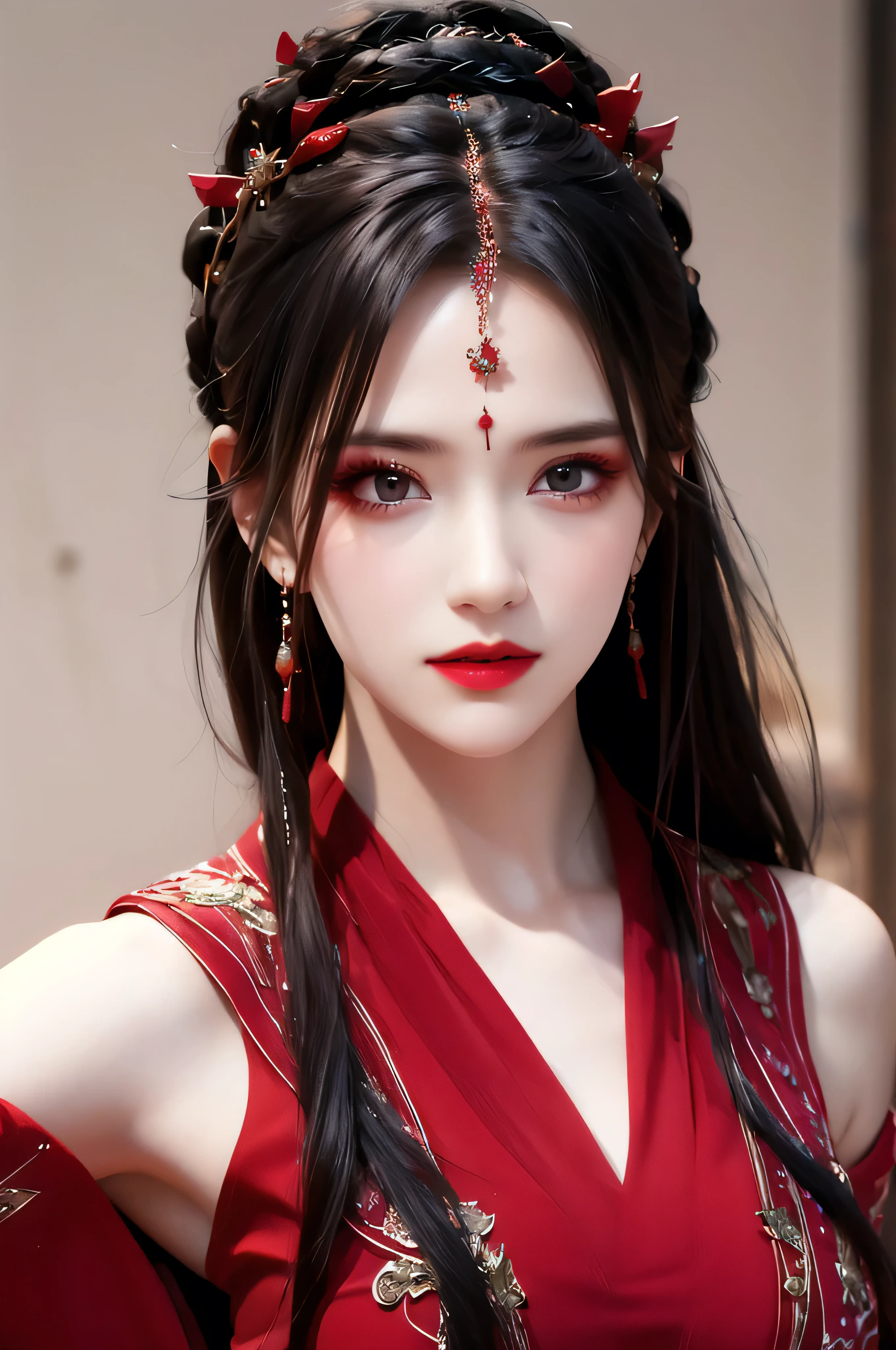 best quality, masterpiece, highres, official art, extremely detailed cg unity 8k wallpaper, jiapliqiao, 1girl, long hair, 1girl, jewelry, solo, earrings, red lips, hair ornament, makeup, realistic, red dress, necklace, full body