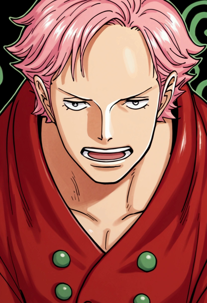 score_9, score_8_up, score_7_up, rating_explicit, source_anime, man, solo, Japanese art/anime style character with an intense and disconcerting expression, The character has messy, vibrant pink hair and a mesmerizing gaze, with one eye displaying a green spiral pattern, while the other appears blank or disoriented, His hands positioned on the face, as if they are trying to hold or reveal something, which contributes to a feeling of tension or madness, The character's figurine is made, with tones of red, black and gold, presenting details such as buttons and elements that resemble armor or military costumes stylized, The background of the image is dark and chaotic, with abstract patterns and smaller figures that seem to reflect scenes or characters, creating a surreal and unsettling environment, The overall composition conveys a mix of mystery, emotional intensity and a touch of psychedelia, manga, 3rg0,ARTSTYLE_OnePiece_MangaColored_ownwaifu