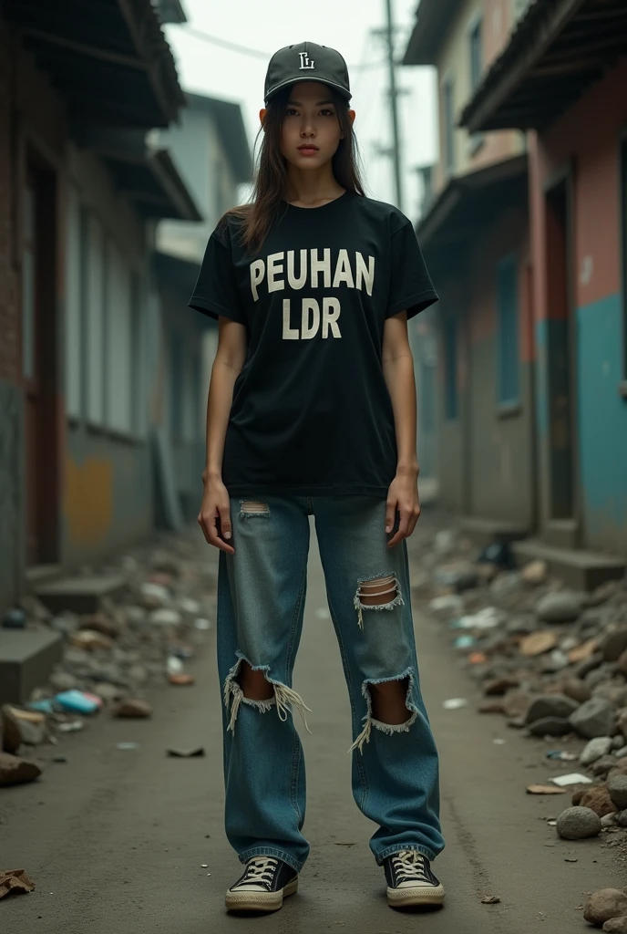 disabled girl, sad face, always repeating the same face, always repeating the same proportions, always repeating the same appearance, always repeating the same clothes, alone, full body, in a very dirty and deserted favela, crying