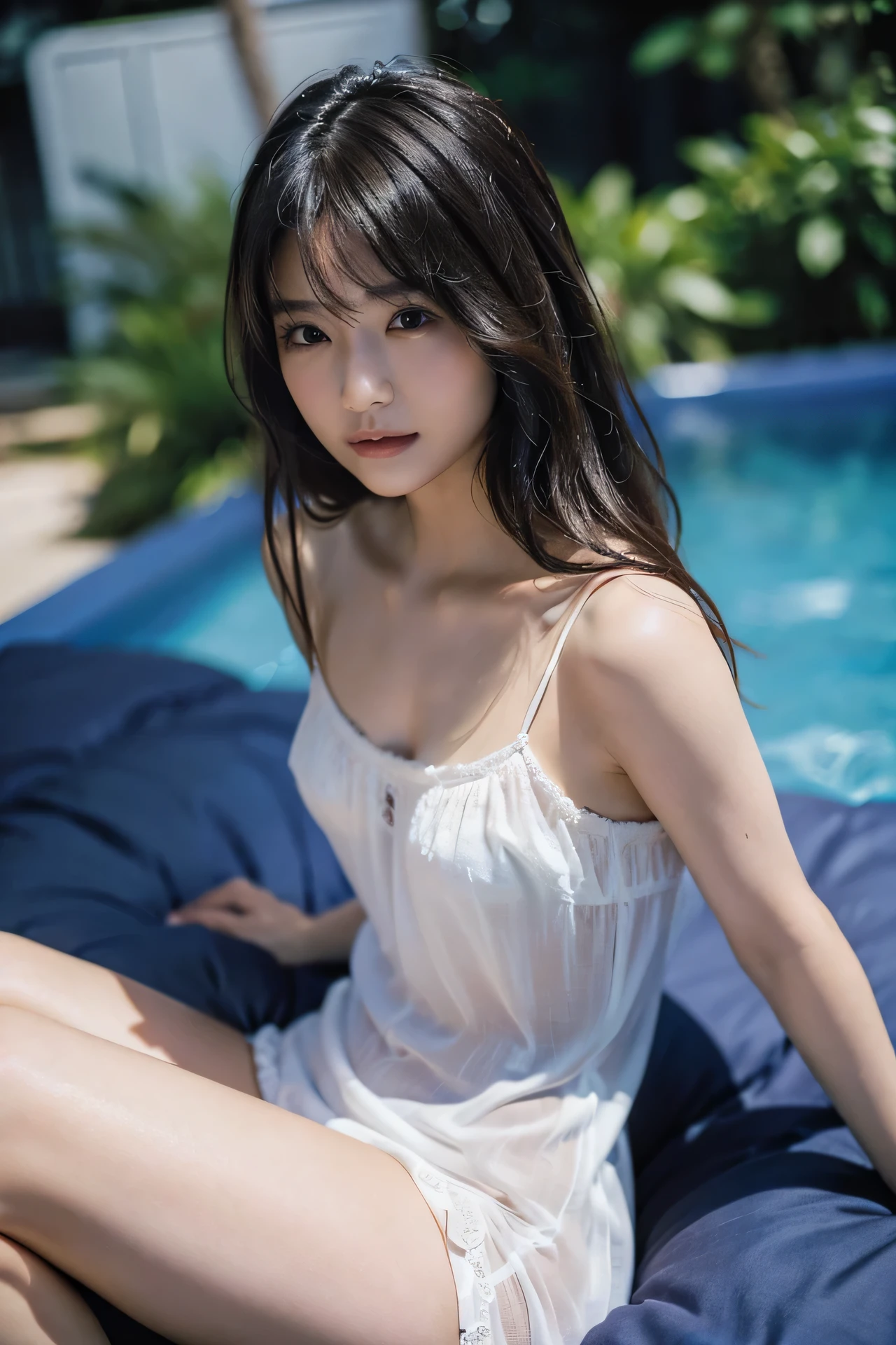 A beautiful Japanese woman sitting down wearing only a wet shirt