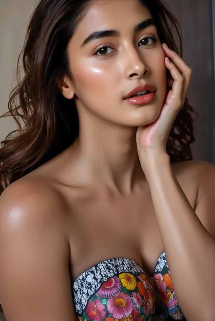 No make up, cool temperature,body close up photo of naked Pooja hegde,slim,sexiest lingerie, bedroom, intricate details, cold room, lean eyebrow, pooja hegde,pooja1, free shaggy hair,(( fair skin))